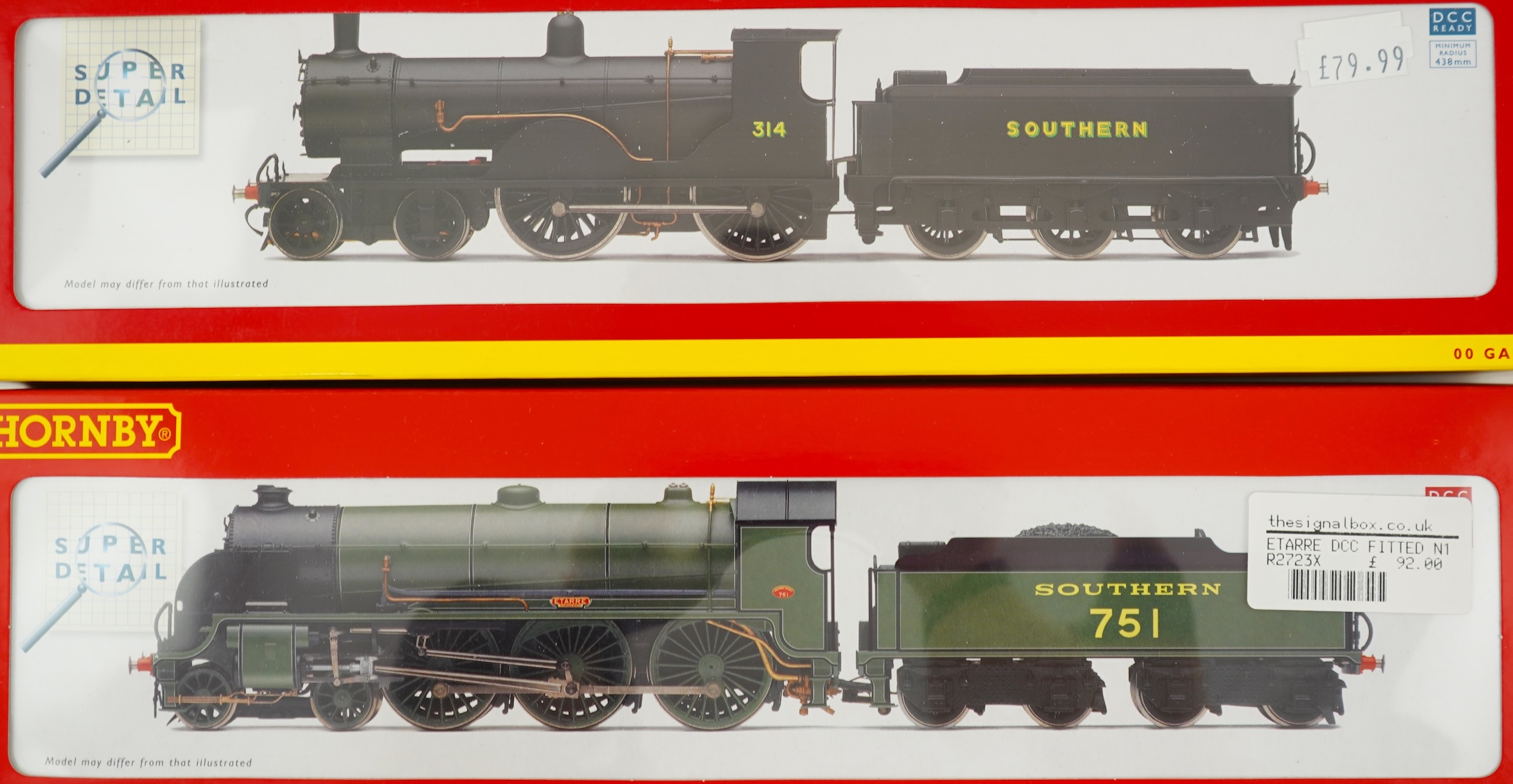 Two boxed Hornby Hobbies 00 gauge railway Southern Railway tender locomotives; a class T9, 314, (R2829), together with a class N15, Etarre 751, (R2723X)